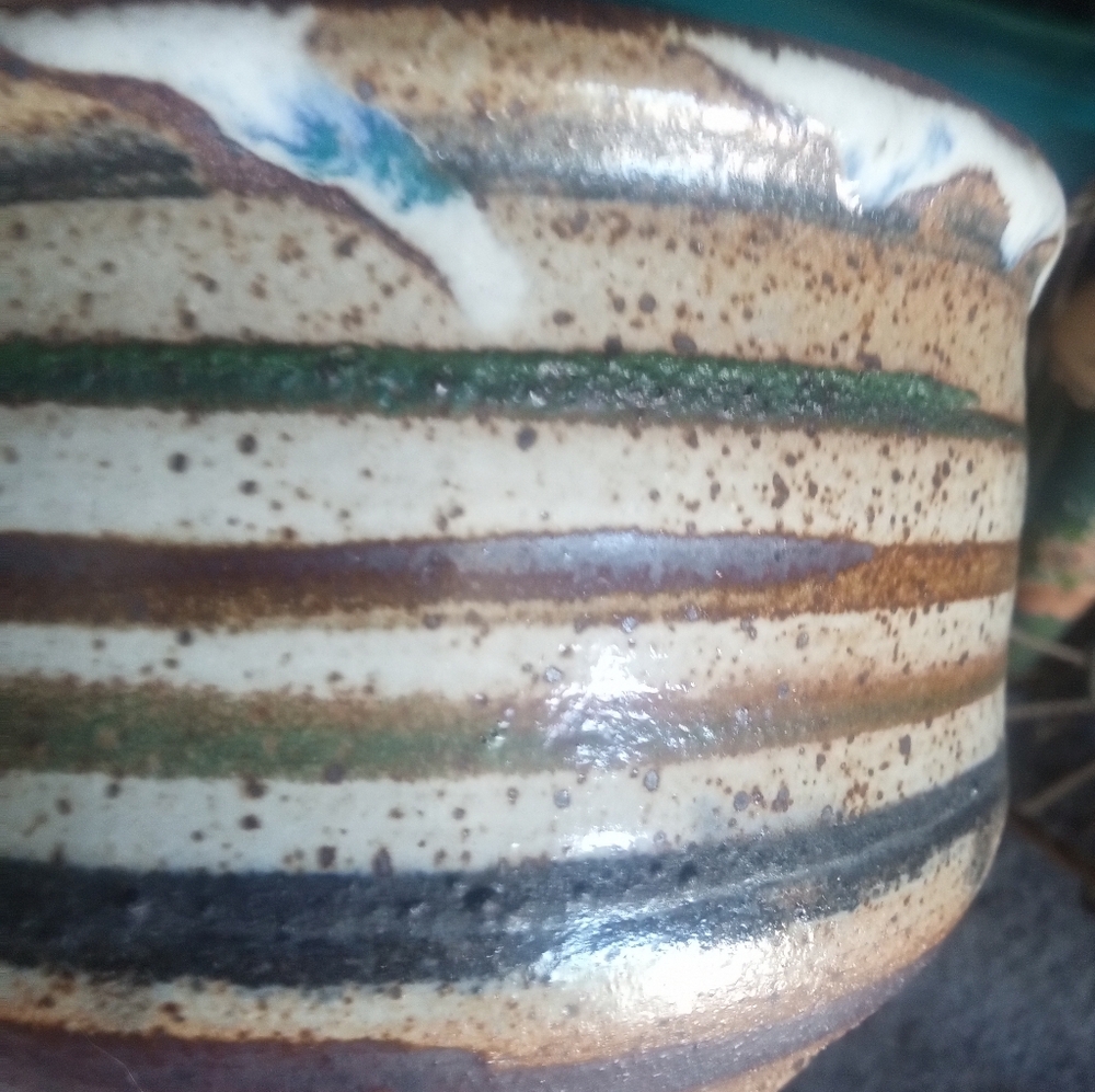 Handcrafted Cream and Green Striped Ceramic Bowl Pottery Signed Ziegler